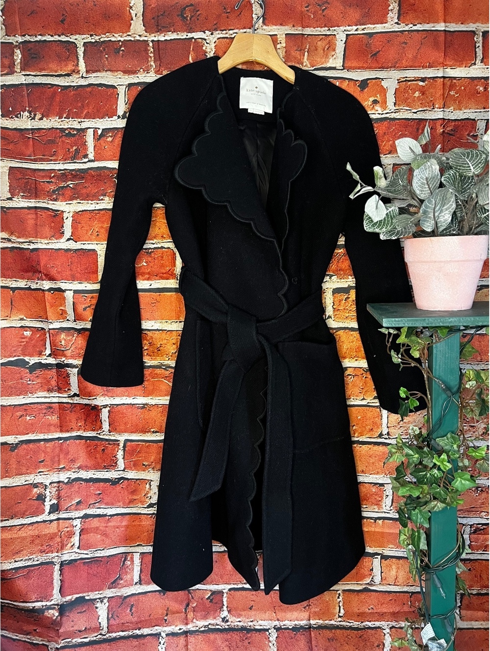 Kate Spade Black Scalloped Hem Belted Wool Pea Coat
